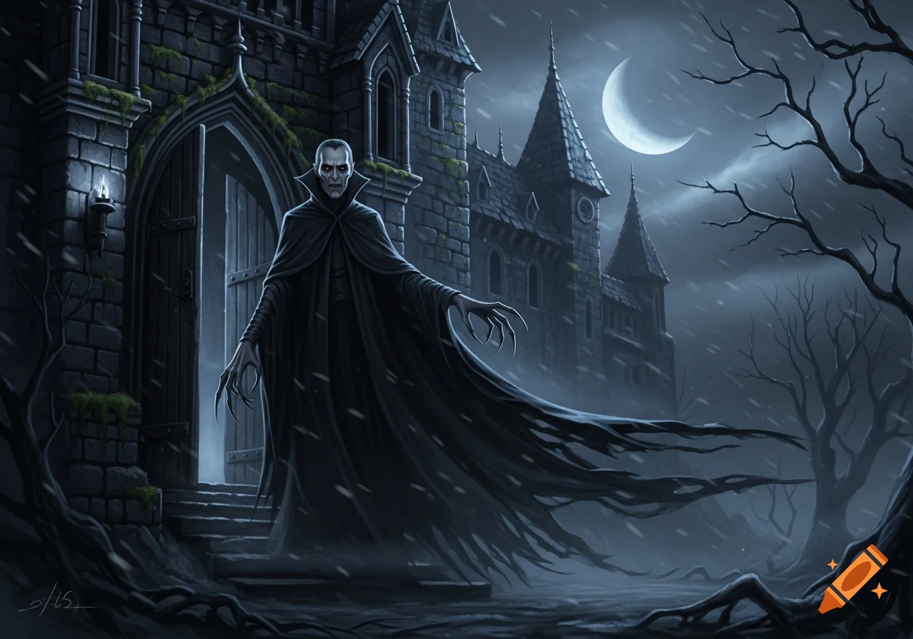 A pale, fanged vampire in a flowing black cape stands before a dark, gothic castle under a crescent moon with snow falling.