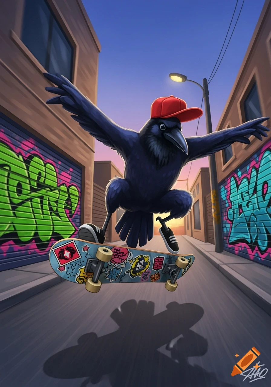 A cartoon crow wearing a red baseball cap balances on a skateboard, soaring above an urban alley with vibrant graffiti walls.