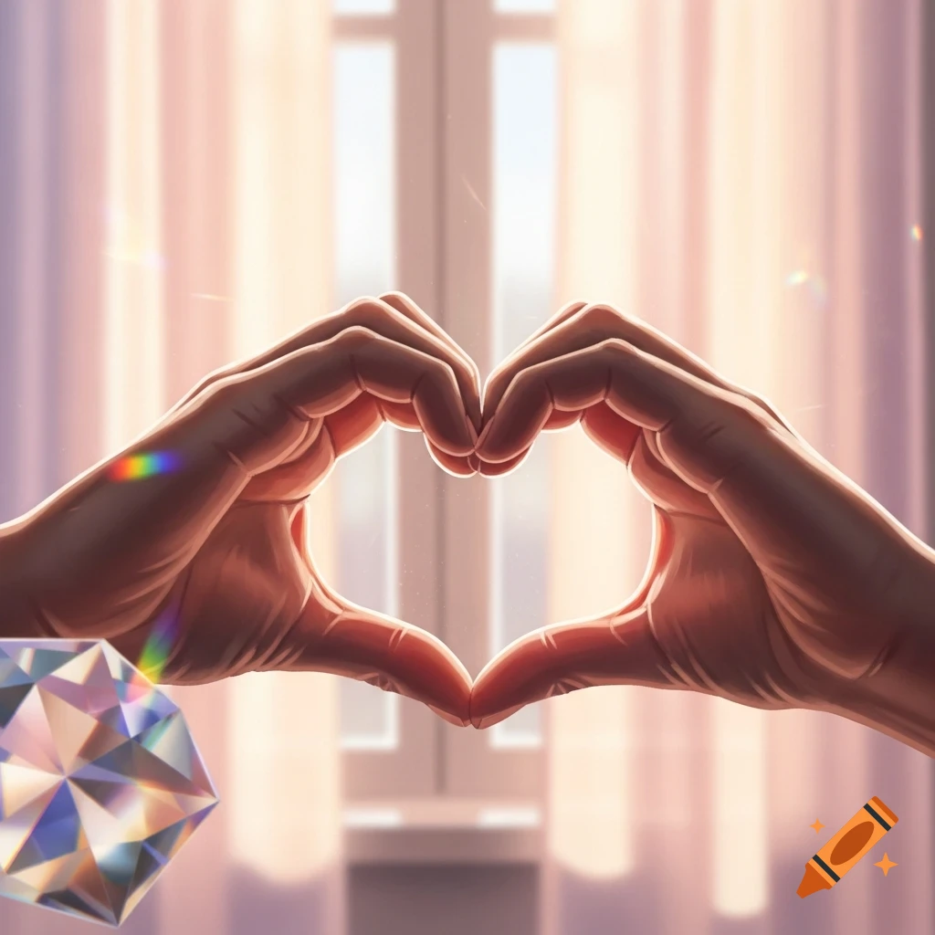 Two hands form a heart shape against a bright, warm-lit window with a faceted gem in the foreground, rendered in an illustrated style.