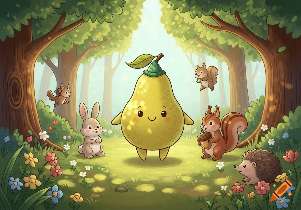 A cute pear mascot wearing a green leaf hat stands smiling in a whimsical forest with a rabbit, squirrels, and a hedgehog.