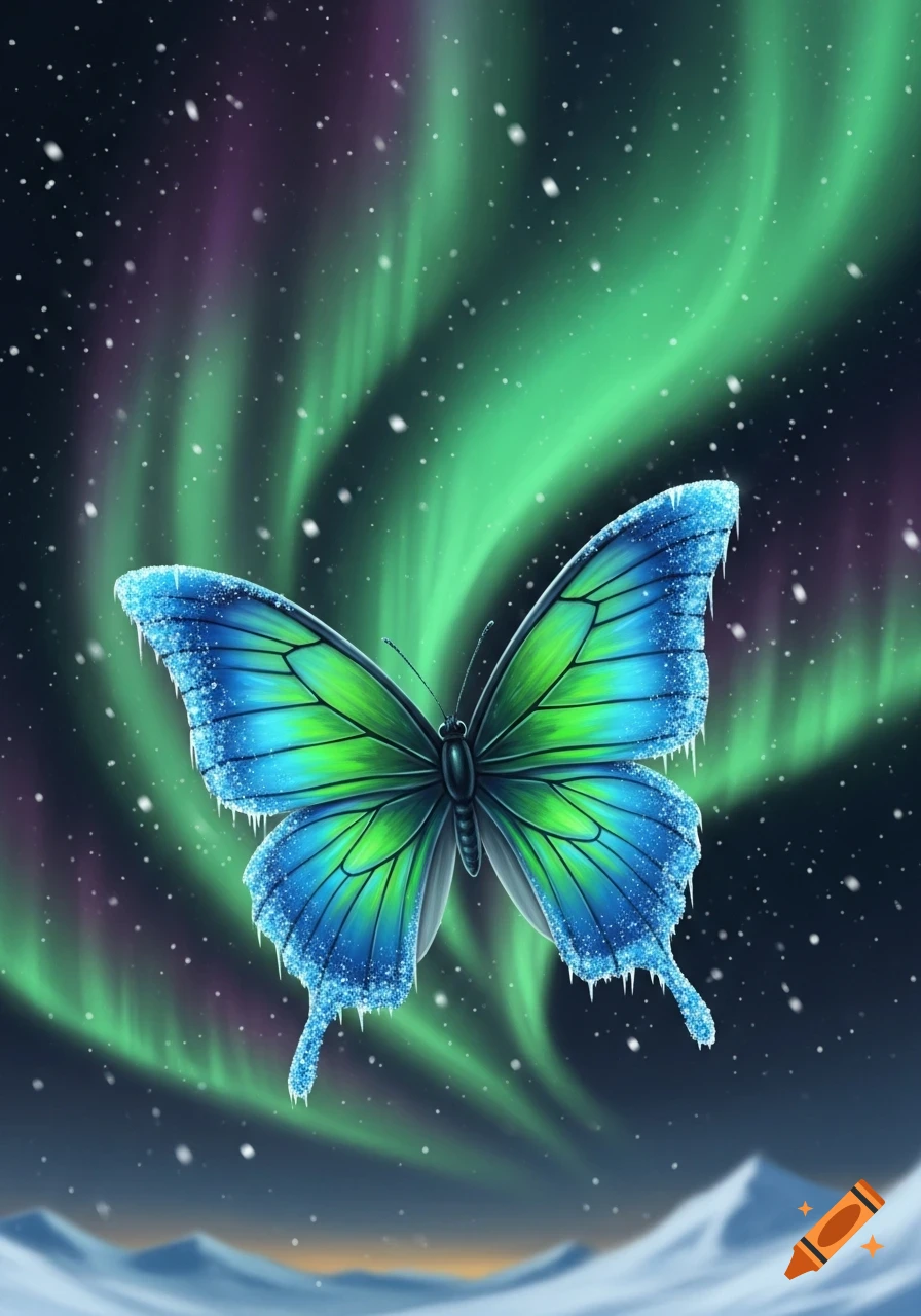A vibrant blue and green butterfly, covered in frost and icicles, against a dark night sky with a green and purple aurora borealis and snowy mountains below.