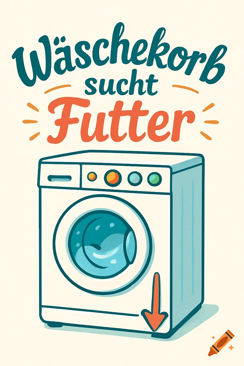 Clipart illustration of a washing machine with the German text 'Wäschekorb sucht Futter' and a downward arrow, in a clean, colorful style.