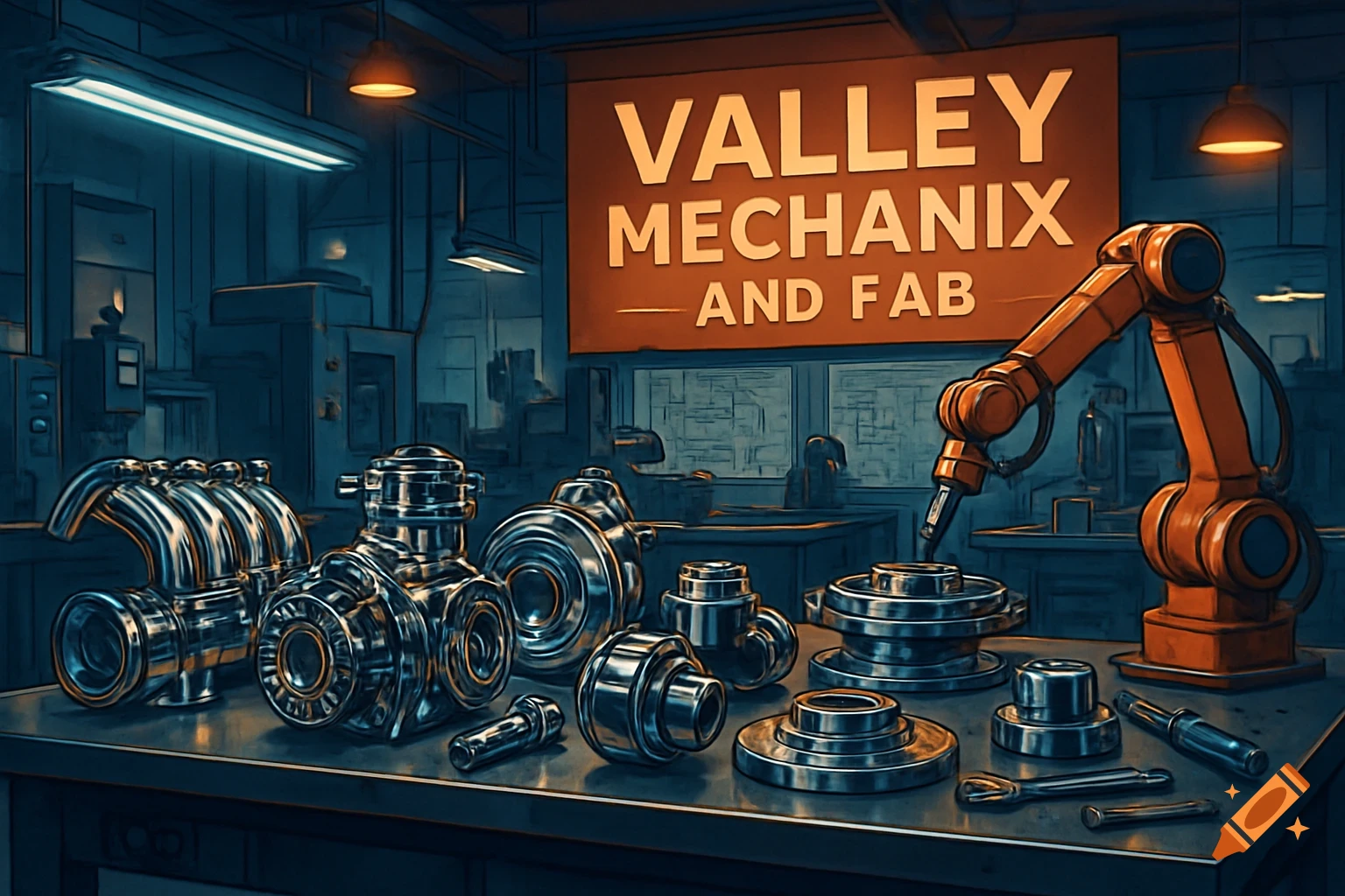 A stylized workshop scene with metal machinery parts and an orange robotic arm on a table, with a large sign saying "VALLEY MECHANIX AND FAB".
