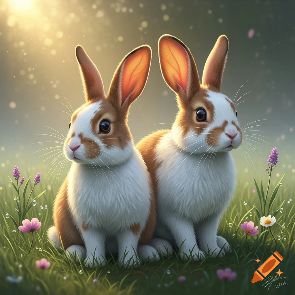 Two fluffy brown and white rabbits sit in a sunlit grassy field with small pink and purple flowers.