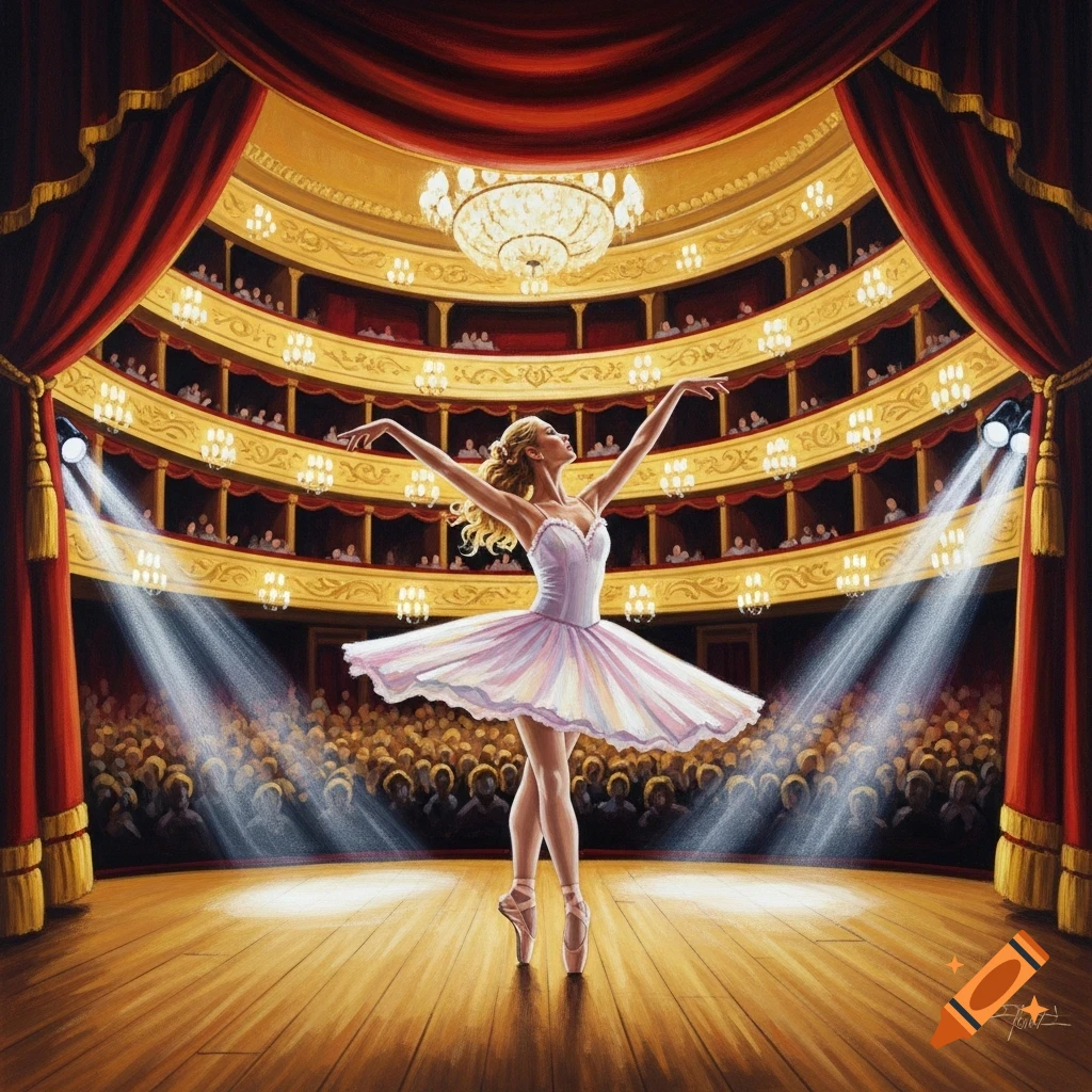 A ballerina in a pink tutu poses on stage, illuminated by spotlights, in a grand theater with an audience in ornate balconies.