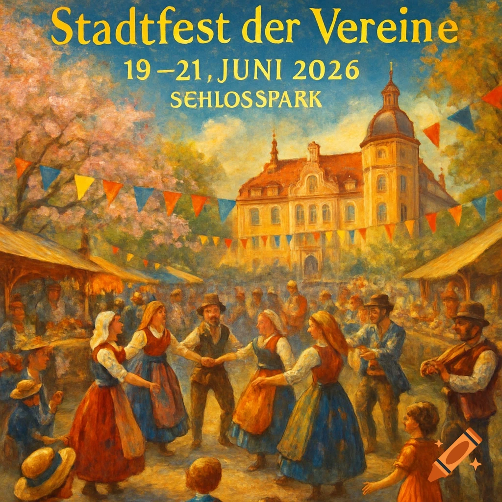A vibrant impressionistic painting of a German "Stadtfest der Vereine" with people in traditional clothing dancing in a town square, market stalls, and a grand castle in the background, all beneath a blue sky with banners. Text reads "Stadtfest der Vereine 19-21, JUNI 2026 SCHLOSSPARK".
