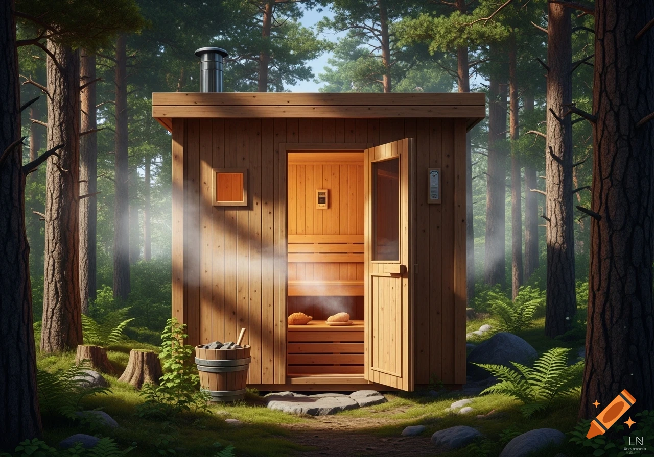 A rustic wooden sauna cabin with an open door, emitting steam, sits in a lush, sunlit pine forest. A bucket of rocks is nearby.