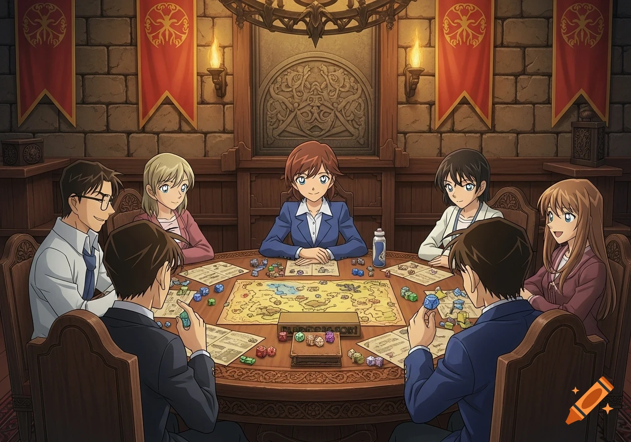 Anime characters playing a Dungeons & Dragons style board game in a medieval-themed room.