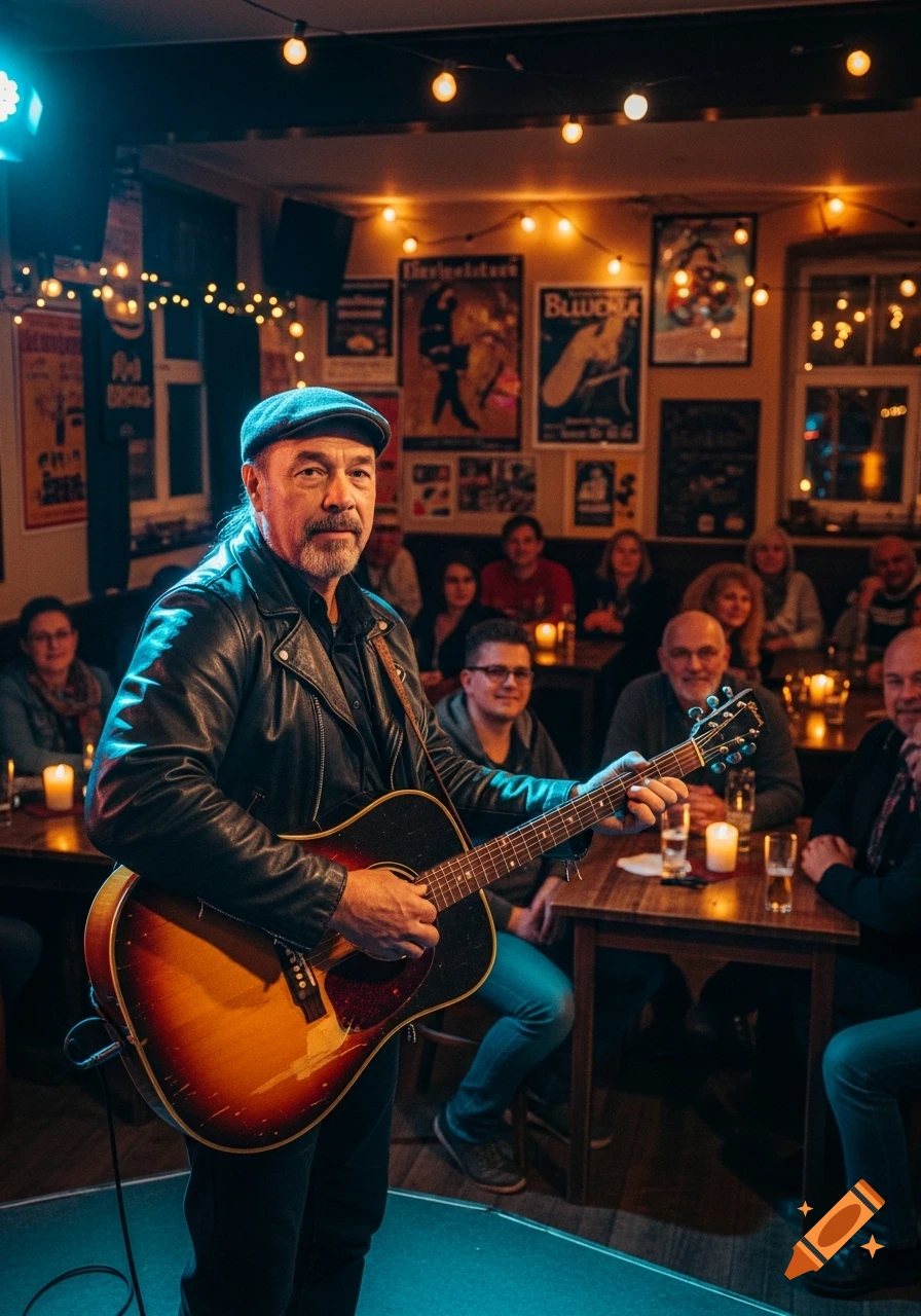 A photorealistic blues musician plays guitar on stage in a dimly lit German blues club, with an audience seated at tables.