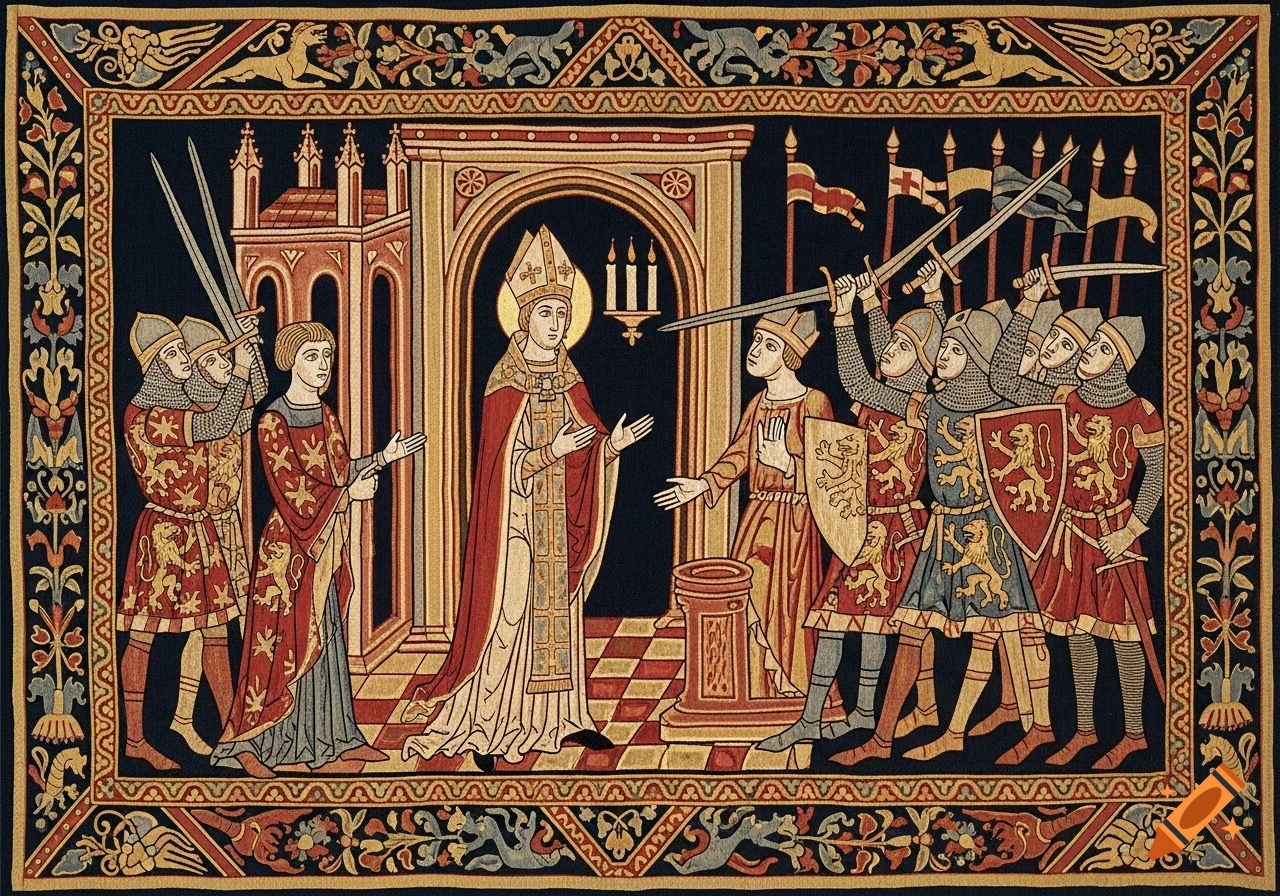 A stylized medieval tapestry depicts the murder of Thomas Becket, an archbishop, by several armed knights inside a church.