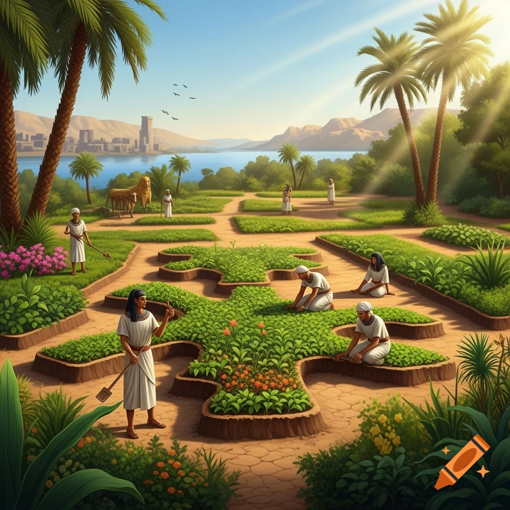 Ancient Egyptians tending a garden with Osiris-shaped beds by a river, palm trees, and a city under a sunny sky.