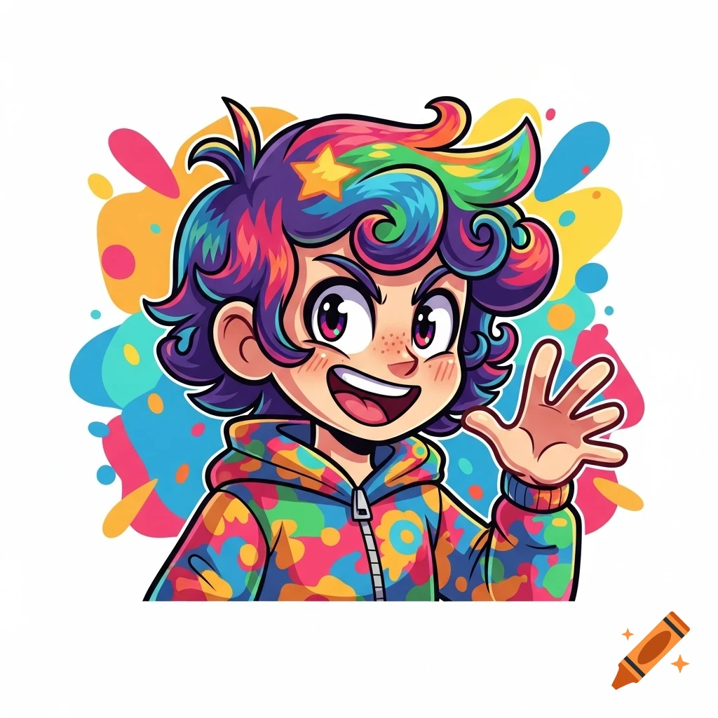 A vibrant cartoon avatar of a smiling person with rainbow hair, large eyes, freckles, wearing a colorful hoodie, waving with an open hand.