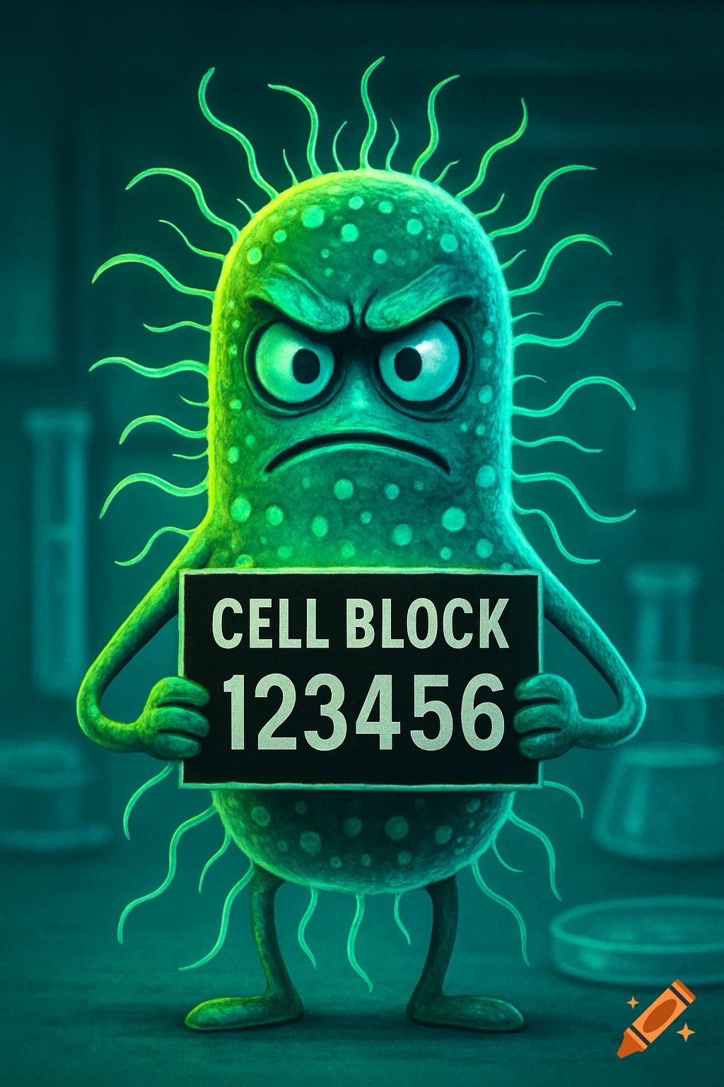 Angry cartoon E. coli holding a mugshot sign reading CELL BLOCK 123456 in a teal-lit lab.