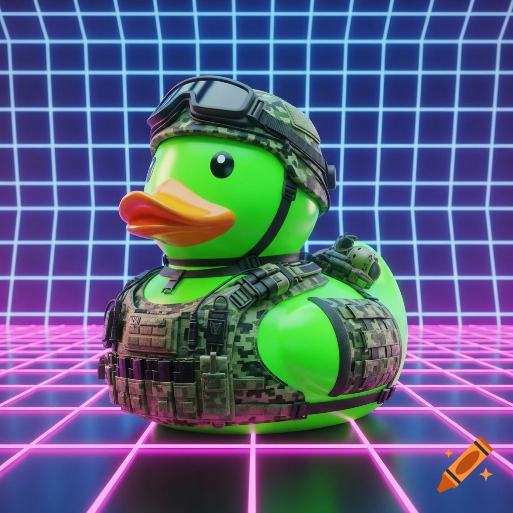 A neon green rubber duck wearing tactical military gear, goggles, and a helmet, standing on a glowing purple and blue grid.