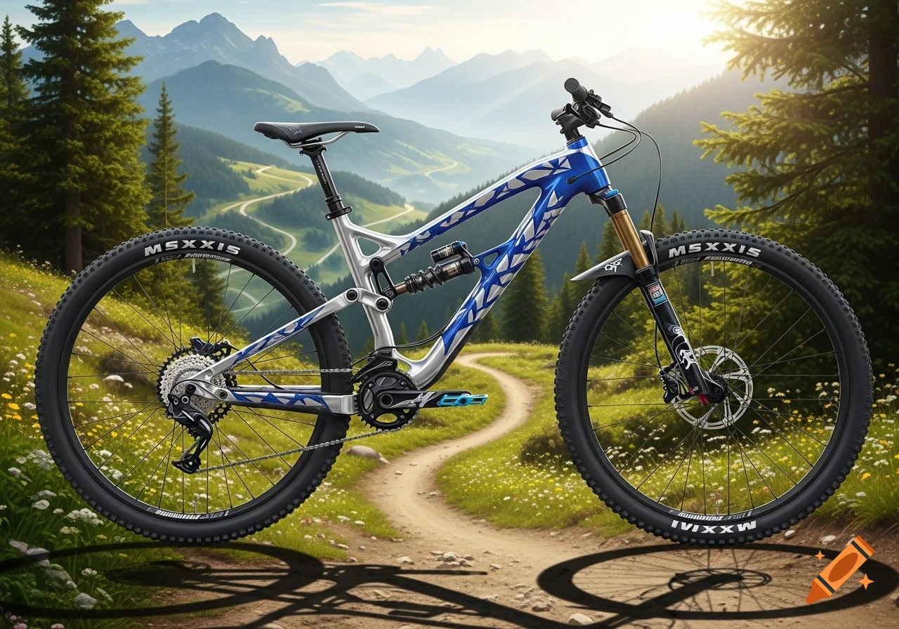 A full suspension mountain bike with a blue and silver frame stands on a winding dirt path in a lush green mountain landscape.