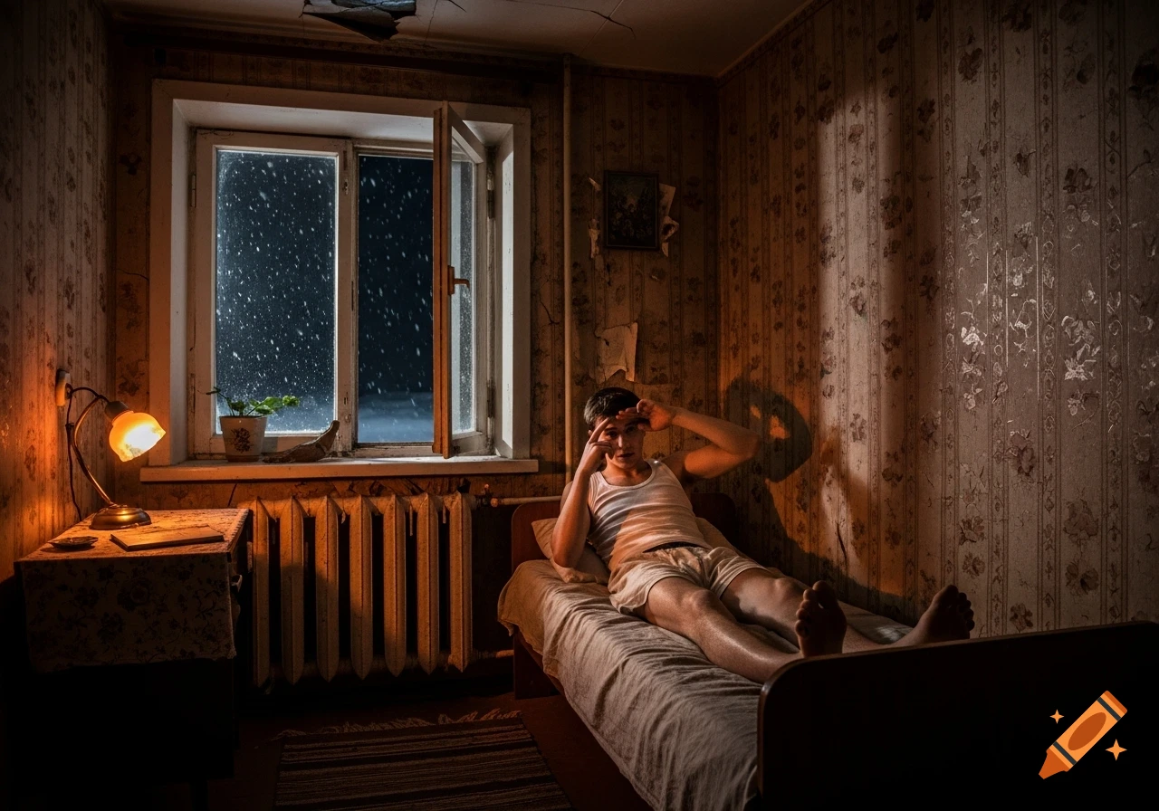 A young man in a tank top and shorts lies on a bed in a dimly lit, old room with peeling wallpaper. Snow falls outside the window.