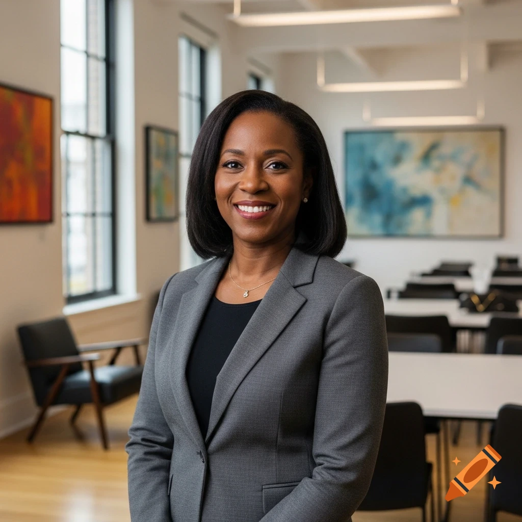 Smiling Black woman in a grey suit jacket in a modern office with ...