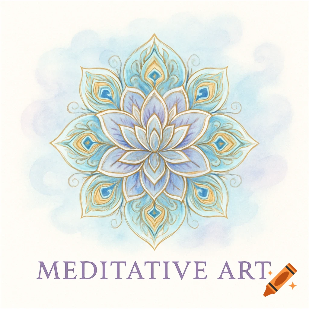 A blue and gold mandala art with 'MEDITATIVE ART' text on a light background.