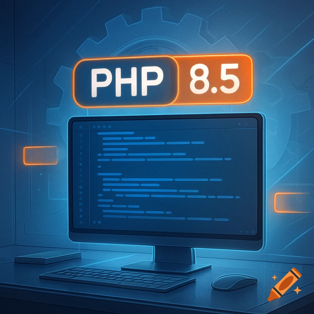 A glowing digital illustration of a computer setup with a screen displaying code, and 'PHP 8.5' highlighted above.