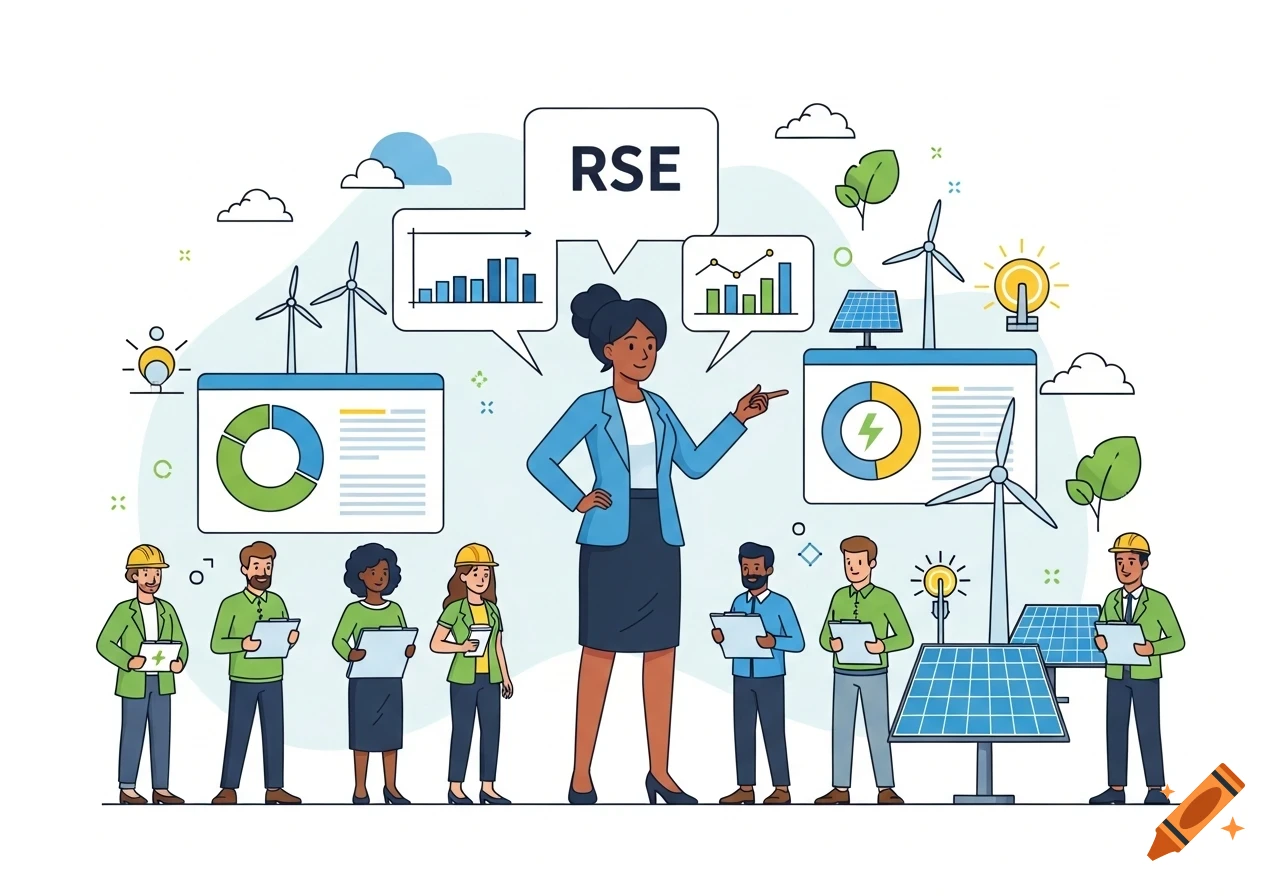 A female leader addresses a diverse team, surrounded by charts, wind turbines, and solar panels, in a modern flat vector art style.