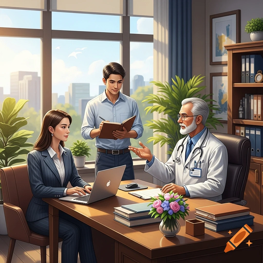 A doctor, a woman on a laptop, and a man taking notes interact around a desk in a bright office with a large window overlooking a city.