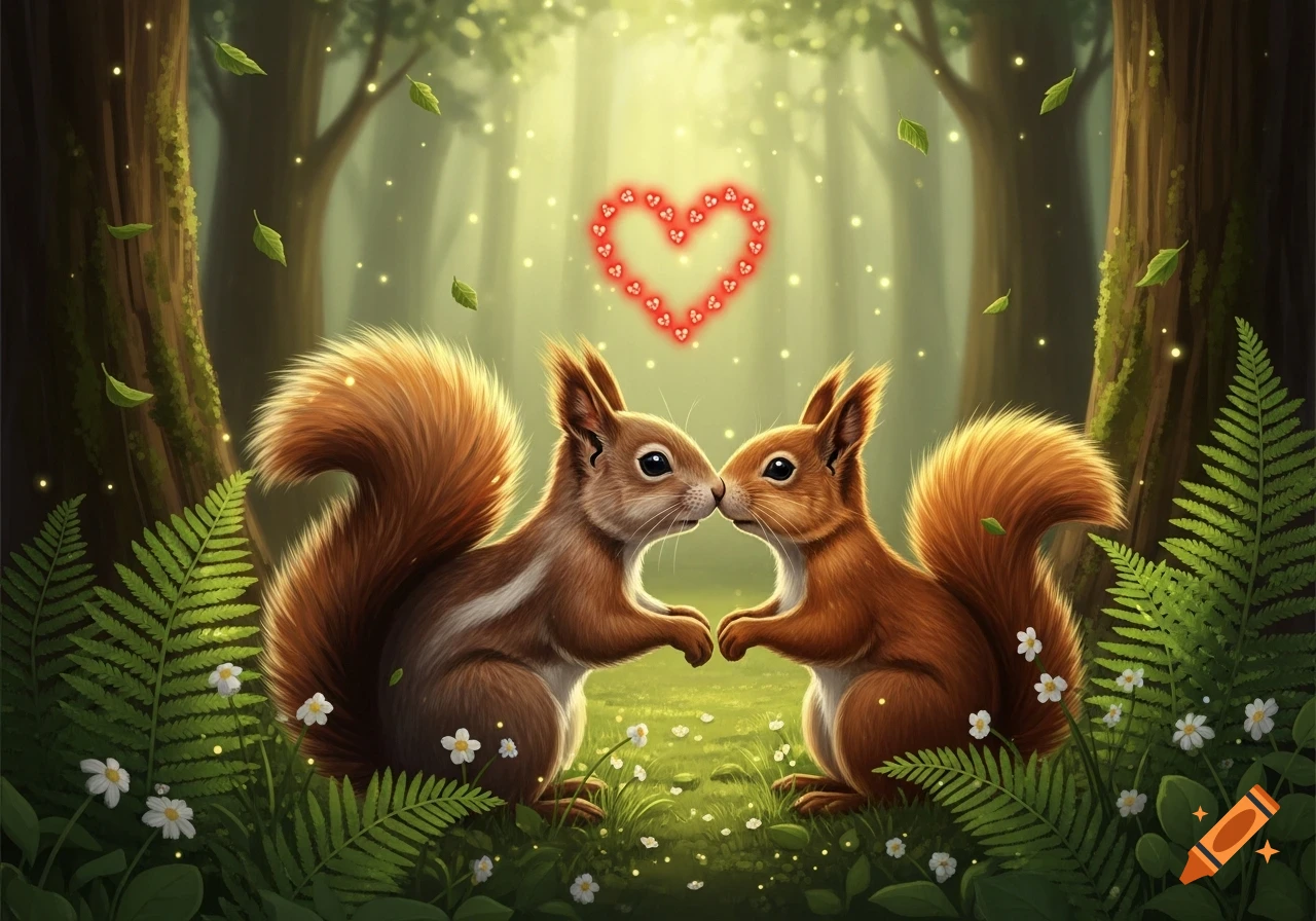 Two cute squirrels nose-to-nose in a magical forest clearing, with a glowing red heart above them.