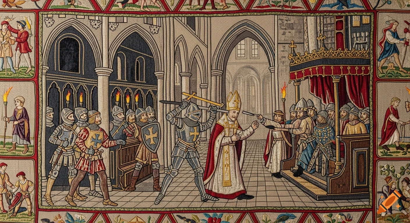A medieval tapestry depicting knights attacking a bishop in a church, in the style of the Bayeux Tapestry.