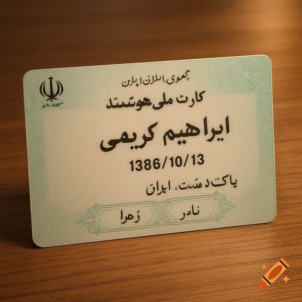 A close-up of an Iranian national ID card on a wooden surface, displaying text in Persian including names and a birth date.