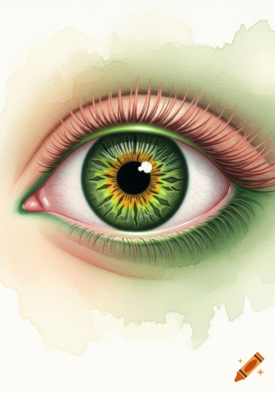 Close-up watercolor painting of a mystical green eye with golden-yellow central heterochromia and strawberry-blonde lashes.