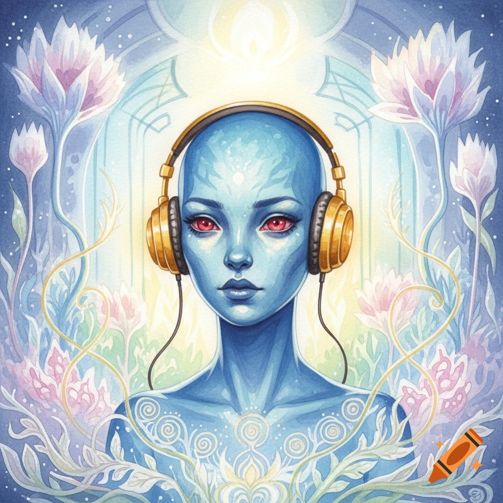 Watercolor painting of a bald blue alien girl with red eyes, wearing gold headphones, surrounded by dreamy fantasy flowers.