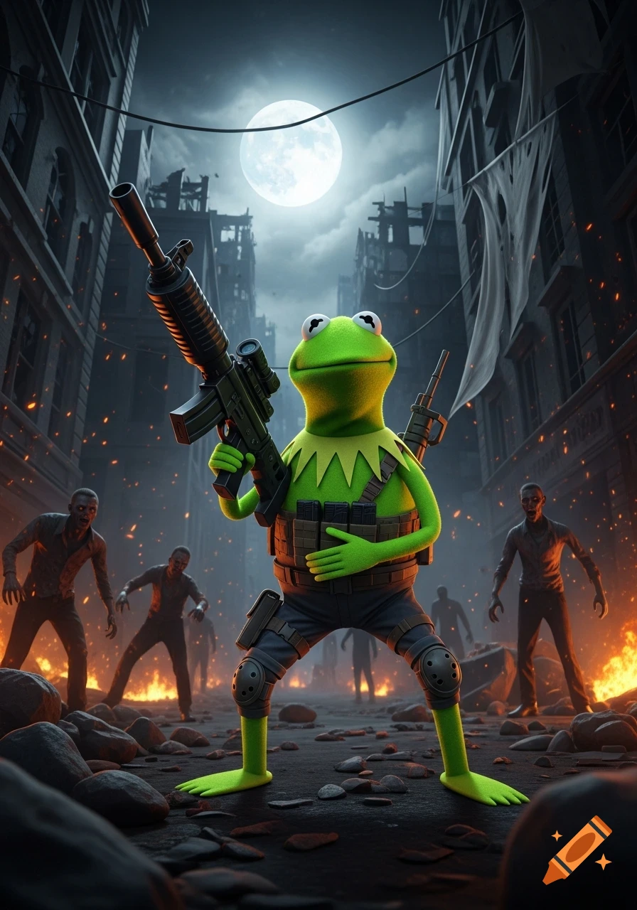 Kermit the Frog, armed with a rifle, stands heroically in a burning, ruined city street under a full moon, facing approaching zombies.