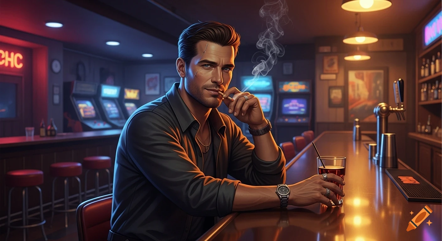 A confident man with a cigarette and a drink sits at a dark, neon-lit bar with arcade games in the background.