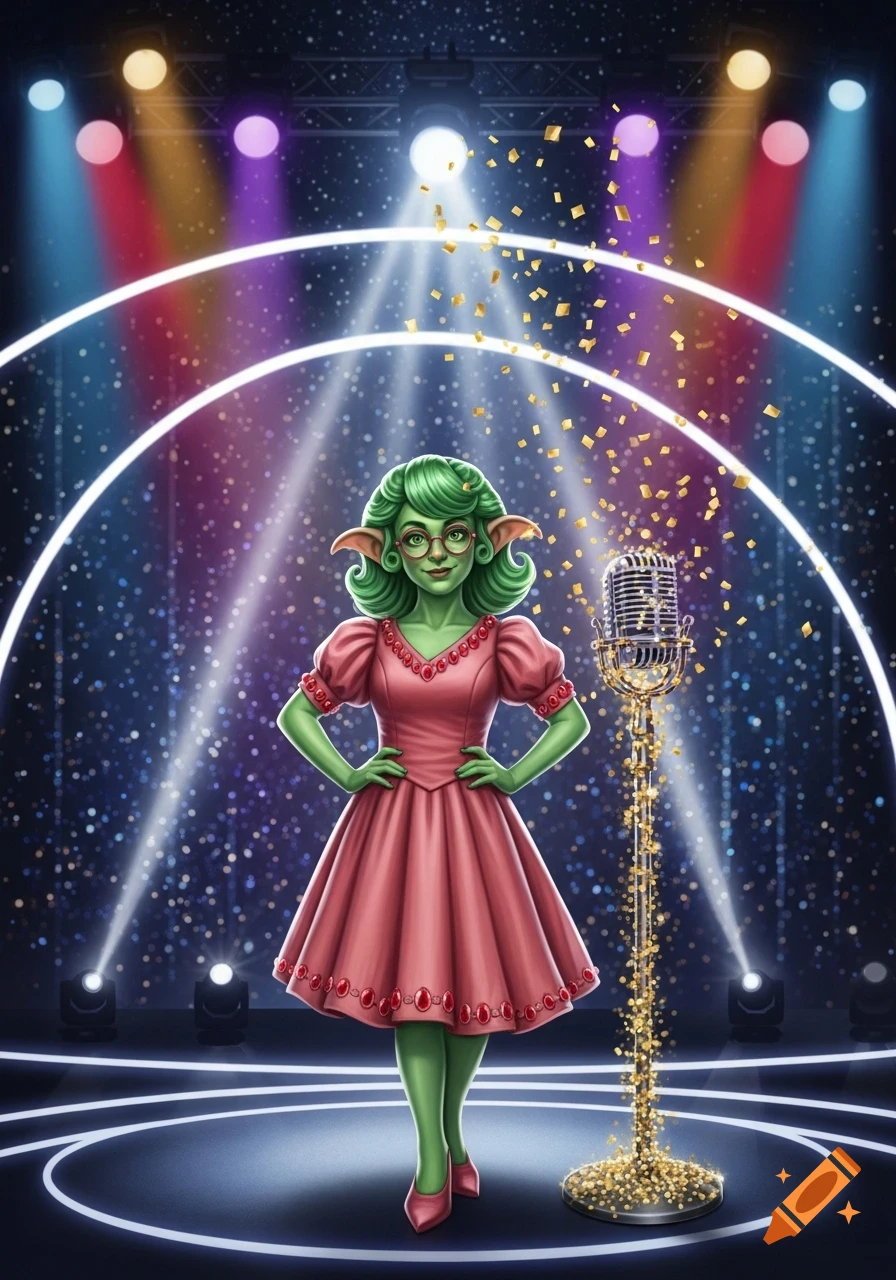 A green-skinned, big-eared character in a pink dress and glasses stands on a stage with a microphone, confetti and colorful spotlights.
