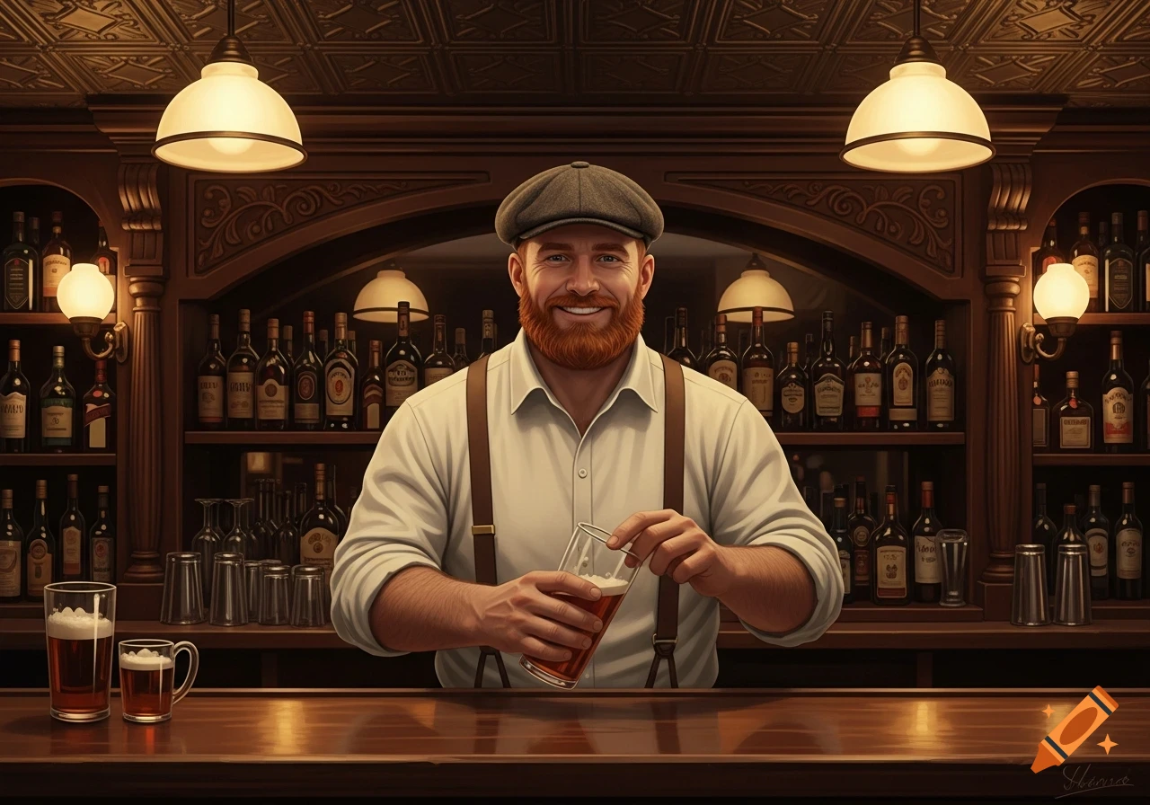 A smiling man with a ginger beard, wearing an Irish flat cap, white shirt, and suspenders, polishes a glass behind a wooden bar filled with bottles.