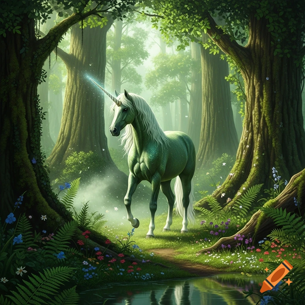 A vibrant green unicorn with a white mane stands on a path in an enchanting, lush fantasy forest with glowing mist.