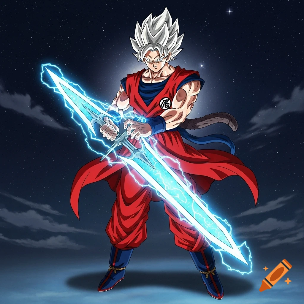 An anime character resembling Goku with white spiky hair and a red gi holds a glowing blue, lightning-infused sword against a starry night sky.