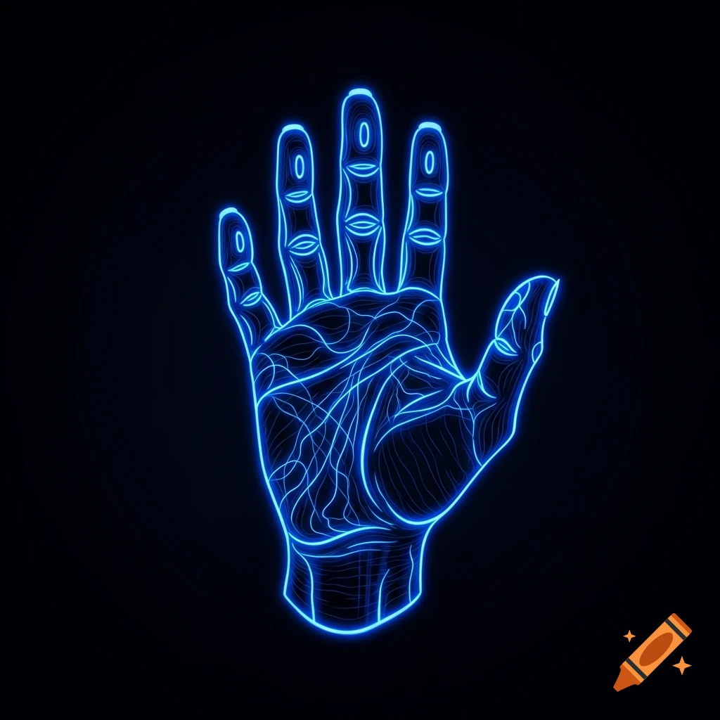 Glowing electric blue neon hand against a dark background, stylized with detailed outlines for a futuristic, cyberpunk aesthetic.