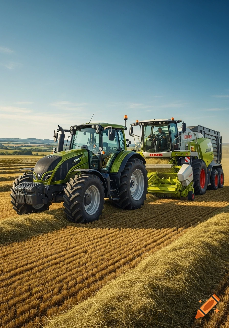 A green Valtra tractor and a Claas Jaguar combine harvester work in a golden field under a blue sky, collecting hay.
