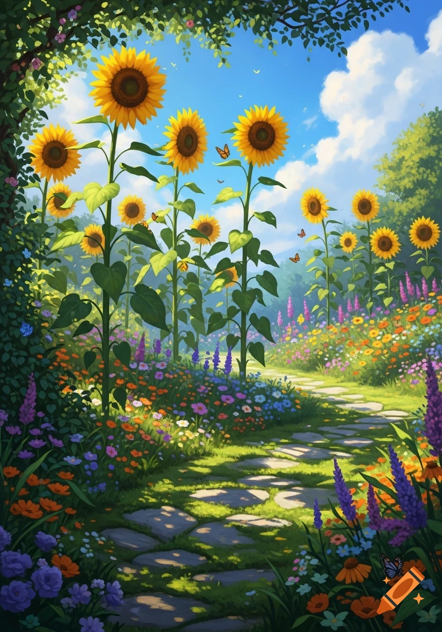 A vibrant garden path winding through tall sunflowers and colorful wildflowers under a bright blue sky.