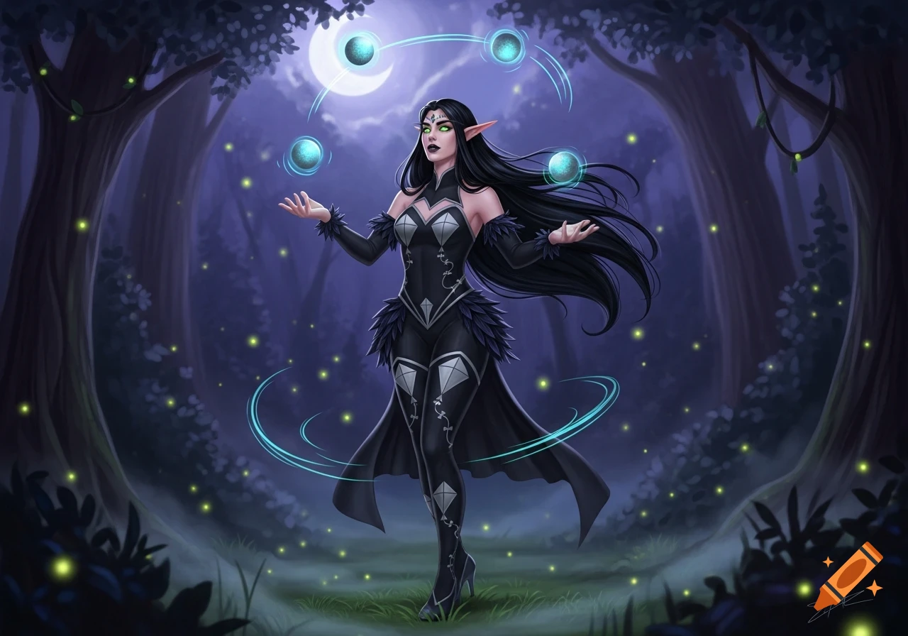 An elf with long black hair and green eyes, wearing a black feathered outfit, juggles glowing blue orbs in a moonlit forest.