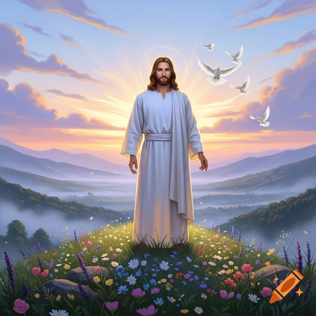 Jesus stands on a flowery hill, with white doves flying, against a background of mountains and a vibrant sunset sky.