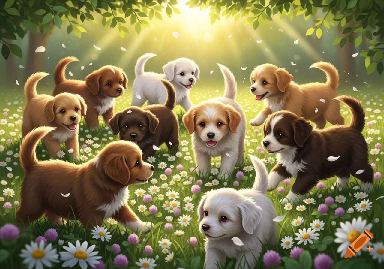 Multiple cute puppies of various colors playing in a sunny field of white and purple flowers under green leaves.