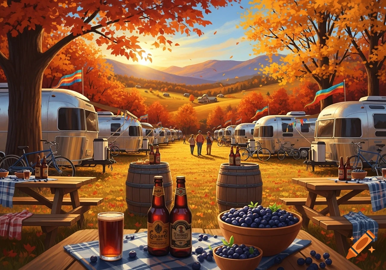 An Airstream trailer rally in a vibrant Vermont field during autumn, with colorful foliage, mountains, picnic tables, beer, and blueberries.