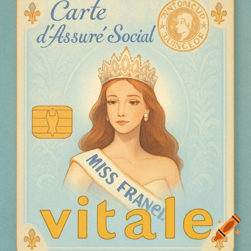 Vintage-style illustration of a woman wearing a crown and a 'MISS FRANCE' sash, on a light blue card with text 'Carte d'Assuré Social vitale' and a chip icon.
