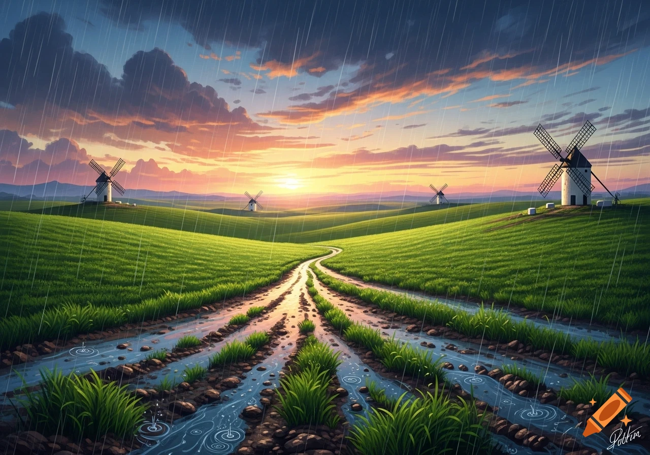 Green rolling hills with windmills under a dramatic sunset rain shower. A winding path with flowing water stretches through the plain.