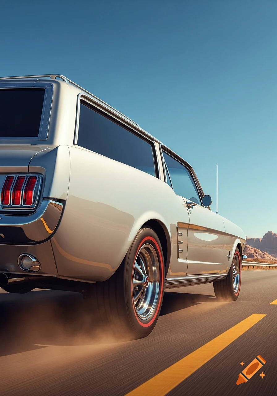 A silver 1966 Ford Mustang shooting brake drives on a desert highway, kicking up dust.