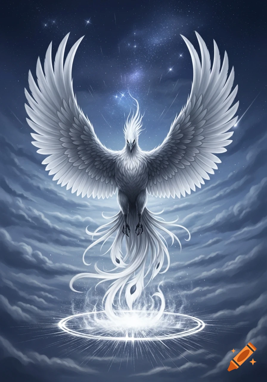 A majestic white phoenix with large wings ascends from a glowing energy circle amidst dark clouds and a starry night sky.