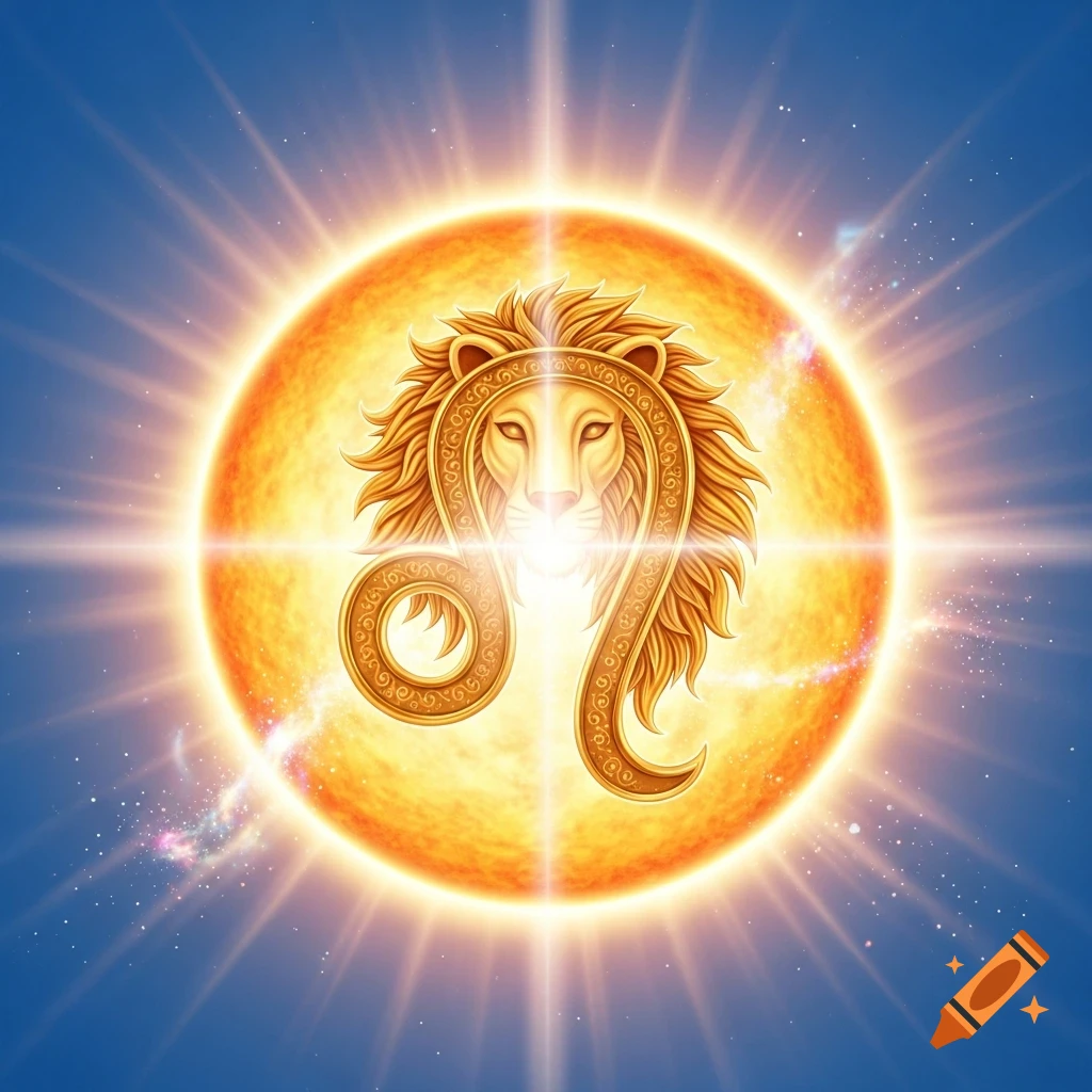 Golden Leo zodiac symbol with a lion's head against a radiant orange sun, set in a blue cosmic background.