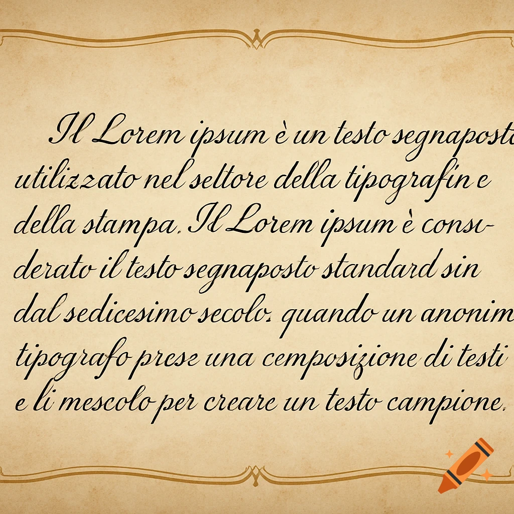Calligraphic Italian Lorem Ipsum text on textured parchment paper with an ornate gold border.