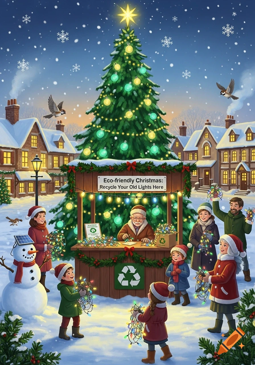 A festive Christmas scene with people recycling old lights at a stall, surrounded by snow, houses, and a decorated tree.